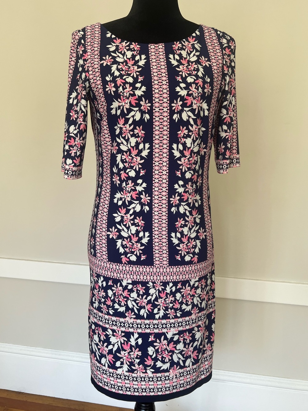 Eliza J Navy Floral Fitted Shift Boat Neck Midi Dress Pink White Geometric Sz 6